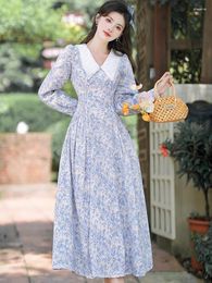 Casual Dresses Vintage Style French Floral For Women Temperament Lace Lapel Chiffon Sweet Vestido Mujer Autumn Long Sleeve Dress