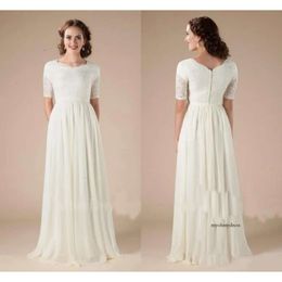 Modest Lace Chiffon Wedding Dresses With Short Sleeves Boho Bridal Gowns Aline Floor Length Reception Informal Dress 0521