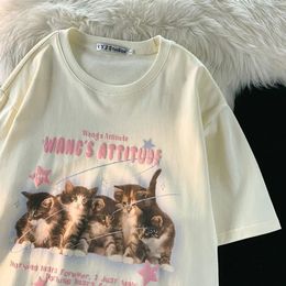 Pure cotton summer 2023 cute cat short sleeved tshirt female Japanese retro sweet half student top ins y2k t shirt 240513