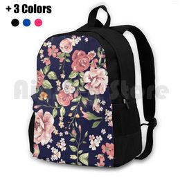 Backpack Floral Outdoor Hiking Riding Climbing Sports Bag Flower Allover Dark Blue Roses Vintage Trend Beige Luxury
