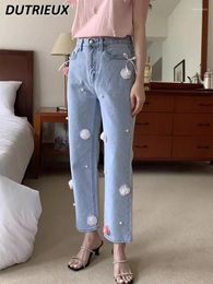 Women's Jeans South Korea Chic Spring/Summer Niche Design Flower Pearl Bow High Waist Denim Pants Slimming Straight Cropped For Women