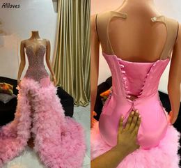 Sparkly Crystals Rhinestones Prom Dresses Aso Ebi Pink Tiered Ruffles Skirt Special Occasion Evening Gowns Sexy Thigh Split Second Reception Formal Wear CL3569