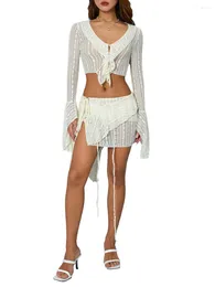 Women's Tanks Women Lace Tops Skirt Suit Long Sleeve Solid Colour Ruffled Crop Shirt Summer Casual Short Outfit