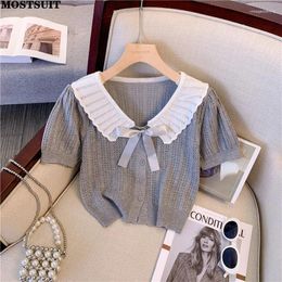 Women's Knits 2024 Summer Grey Bowtie Sweater Women Cardigan Tops Short Sleeve Single-breasted Elegant Fashion Chic Ladies Knitwear Jumpers