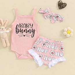 Clothing Sets Born Baby Girls Easter Outfit Ribbed Spaghetti Strap Cami Romper Ruffle Flower Floral Shorts Set