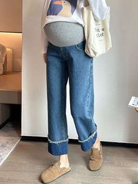 9/10 Patchwork Wide Leg Denim Maternity Jeans Autumn Loose Straight Belly Trousers Clothes for Pregnant Women Casual Pregnancy L2405