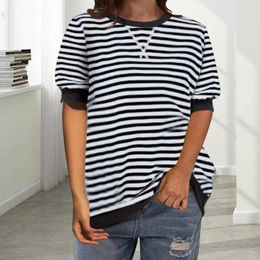 Women's Blouses Women Casual T-shirt O-neck Short Sleeve Tee Shirt Striped Print Color Block Loose Fit Pullover Tops Streetwear