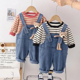 Clothing Sets Baby Boys And Girls Striped T-shirt Ragdoll Bear Suspender Jeans Suit 2024 Autumn Kids Clothes Children Top Overalls 2pcs/set