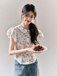 Women's Blouses Vintage Sweet Cherry Print Shirt 2024 Summer Korean Chic Niche Short Sleeve Puff Lace Slim All-match Tops Female