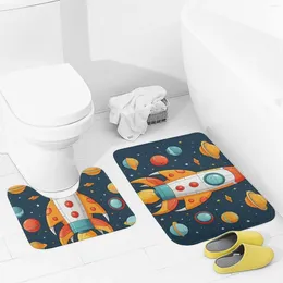 Bath Mats Bathroom Rugs Sets 2 Piece Rocket Clipart Space Ship Absorbent U-Shaped Contour Toilet Rug