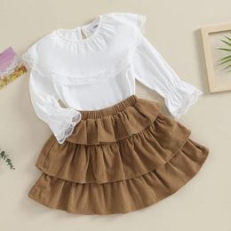 Clothing Sets Kids Girl Skirt Lace Trim Doll Collar Tie-Up Long Sleeve Tops And Solid Colour Ruffles Cake Skirts Baby Items