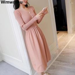 Casual Dresses Slim V-neck Knitted Midi Dress Korean Knitwear Bottoming Fall Winter Pullover Vestido Women Long Sleeve Sweater Robe