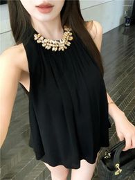Women's Blouses Korean Fashion Black Chiffon Shirt Sexy Sleeveless Women Tops Summer Diamond Pullovers Blouse