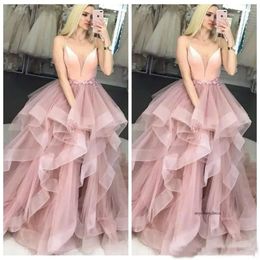 Spaghetti Strip Ball Gown Prom Dresses Ruffles Sweep Train Tulle Formal Long Women Plus Size Evening Party Special Ocn Gowns 0521