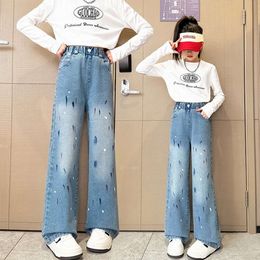 Kids Jeans 2024 Spring Denim for Baby Girls Straight Wide Leg Pants Children Long Trousers Teenagers Clothing 12 14Years