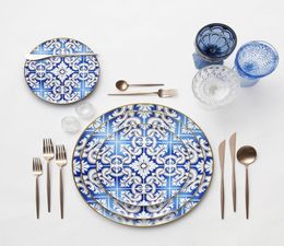 western ceramic wedding dishes Modern bone china dinner plate Gold rim tableware sets easy clean7385957
