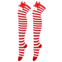 Women Socks High Elastic Christmas Stockings Themed Women's Over Knee Festive Striped Print For Thigh