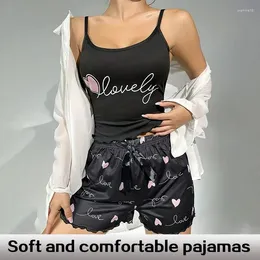 Home Clothing Summer Two-Piece Women's Camisole Printed Heart And Letter Matching Shorts Love Bow Pajama Set