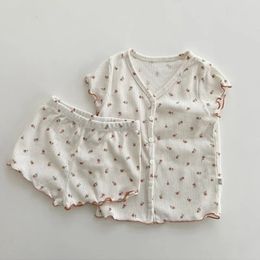 2Pcs Children Girls Summer Outfits Sets Fashion Ruffle Short Sleeve Kids T-shirts Shorts Floral Print Pajamas Clothing Suits 240521