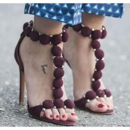 Women Brand Design Fashion Open Toe T-strap Rivet Thin Ball Ankle Strap High Heel Sand e0d