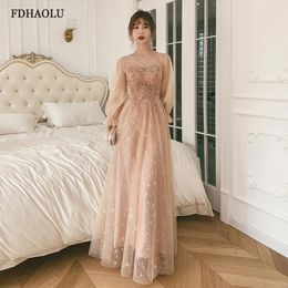 Party Dresses FDHAOLU FU100 Sexy V-Neck Evening Dress Tulle Long Sleeves A-Line Floor-Length Simple Appliques Woman Formal Gown