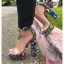 Elegant Fashion Women Open Toe One PVC Platform Chunky Snake Leather Ankle Strap Buckle Thick Hi a02