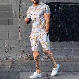 Men's Tracksuits Summer New 3d Mens Full Body Printed T-Shirt Set Casual Fashion Luxury Style Full Set Of Clothes Street Wear DrawstrShorts J240510