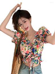 Women's Blouses American Sexy Shoulder Top 2024 Cotton Linen Lotus Collar Bubble Sleeve Casual Holiday Beach Shirt Crop