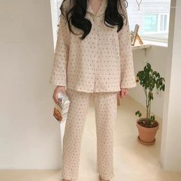 Women's Sleepwear Cotton Linen Set Sweet Cute Cherry Print Pyjamas Vintage Kawaii Notched Pocket Home Suit Shirt Trousers Button