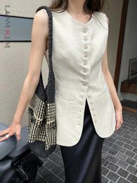 LANMREM Linen Gathered Waist Vest For Women Solid Round Neck Sleeveless Office Lady Tops Fashion Summer 26D8949 240521