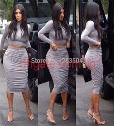 WholeSexy Kim Kardashian Gray Two Piece Pencil Dress Crop Top Dress Set Bodycon Dress Celebrity Dresses TCD0543407285