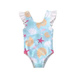 One-Pieces Newborns infants and childrens swimsuits with bow pleats seashells starfish prints and summer baby bathing suits d240521