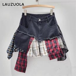 Skirts Sexy Plaid Splicing Denim Mini Skirt 2024 Summer Fashion Elegant Spicy Girl Style Retro Streetwear Irregular Y2K