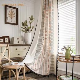 Curtain American Geometry Cotton Linen Window Curtains With Black Tassel Blackout Drapes In The Living Room Short Valance