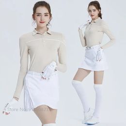 Blktee Lady Long Sleeve Polo T-shirt Slim Sport Golf Shirt Women A-lined Skirt with Inner Shorts Pleated Skort Clothing Sets 240520