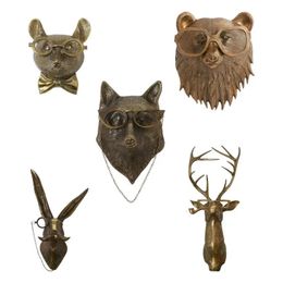 Antique Bronze Resin Animal Pendant Animal Head Wall Decor Golden Deer Head Wall Storage Hook Up Living Room Decorative Figure 240518