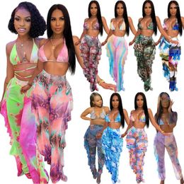 Women's Pants Two Piece Set Sexy Print Hollow Lace Up Halter Backless Bra Crop Top Ruffles Wide-leg Party Club
