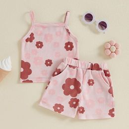 Clothing Sets Suefunskry Toddler Girls Summer Outfits Floral Print Spaghetti Strap Waffle Tank Tops Shorts 2Pcs Clothes Set