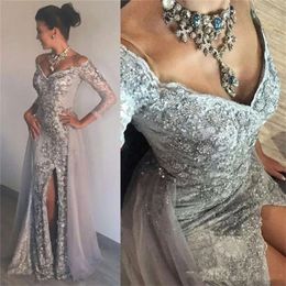 Sier 3/4 Long Sleeves Evening Gowns Side Split Sexy Beads Sequins Mermaid Prom Off The Shoulder Women Formal Tail Dress 0521