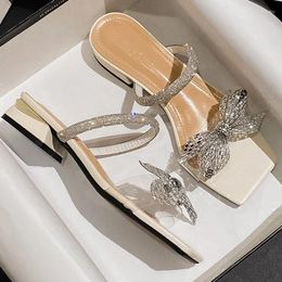 Slippers Women 2.5cm High Heels Sexy Nightclub Slides Lady Sparkly Crystal Butterfly Knots Low Female Fashion Full Sequin Shoes