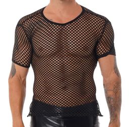 Men's T-Shirts Mens Fashion Tops Hollow Out Fishnet Short Sleeve T-shirt Top Round Neck Criss Back Tee Party Nightclub Performance Cost4542736