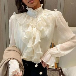 Women's Blouses Elegant Chiffon Shirt Fashion Ruffles Stitching Lace Blouse Stand Collar Button Long Flare Sleeve Loose Tops 12946