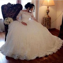 Vintage Ball Gown Wedding Dresses Long Sleeves Lace Appliques Sequins Puffy Arabic Dubai Vestidos Formal Church Plus Size Bridal Gowns 0521