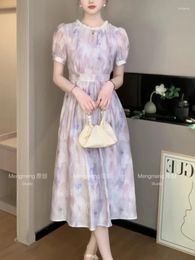 Casual Dresses Purple O Neck Puff Sleeve Women Waist Dress 2024 Summer Vestidos French Temperament Exquisite Clothing