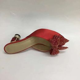 2024 women Ladies Genuine satin leather Rhinestone 8CM high heels sandals summer Flip-flops slipper slip-on wedding dress Gladiato f81