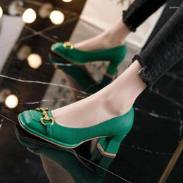 Dress Shoes Women's Mid-heel 5.5CM 2024 Summer French Style Back Empty Female Thick Heel Square Toe Mary Jane Black Green Talon Femme