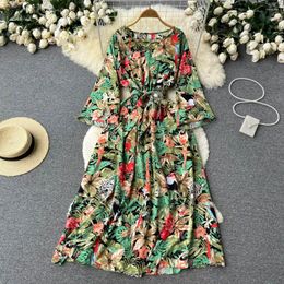 Casual Dresses European And American High-end Printed With Lace-up Waist Thin Over-the-knee Large Swing Skirt Holiday Long Dress