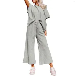 Women's Two Piece Pants Solid Colour Texture Loose Women Sets 2024 O-Neck T-shirt Drawstring Outfits Summer Short Sleeve Trousers Suit