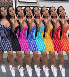 Women Summer Bodycon Dress Mini Skirt Fashion Sexy Vneck Casual Simple Striped Printed One Piece Dresses Designer Party Clubwear9023982