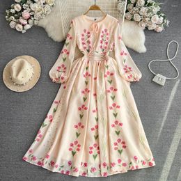 Casual Dresses Autumn Fashion For Women Long Puff Sleeve O-neck Floral Print Lace-up A-line Vestidos French Chic Female Dress Dropship